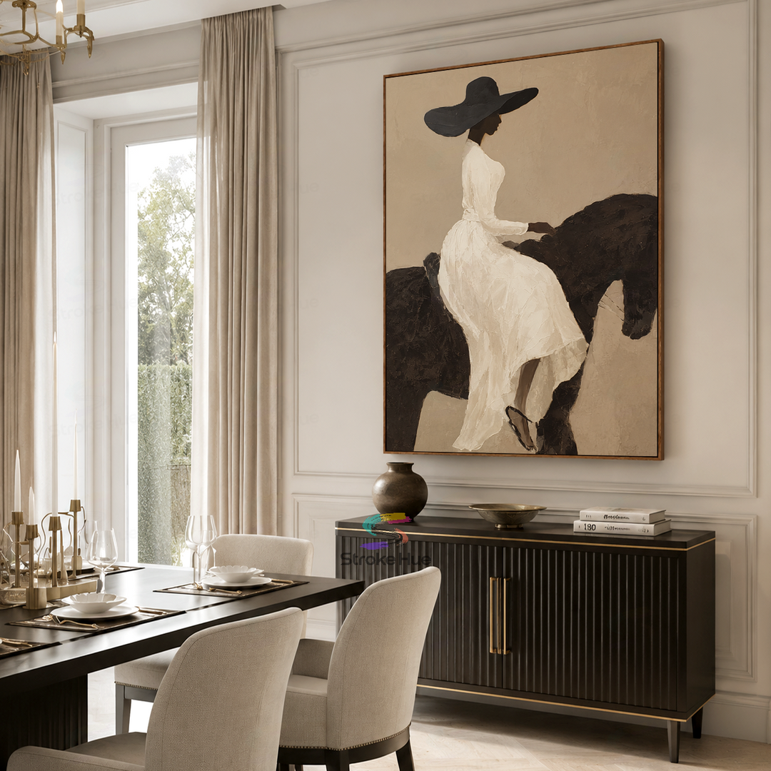 Ivory Veil Muse-Black Horse Painting