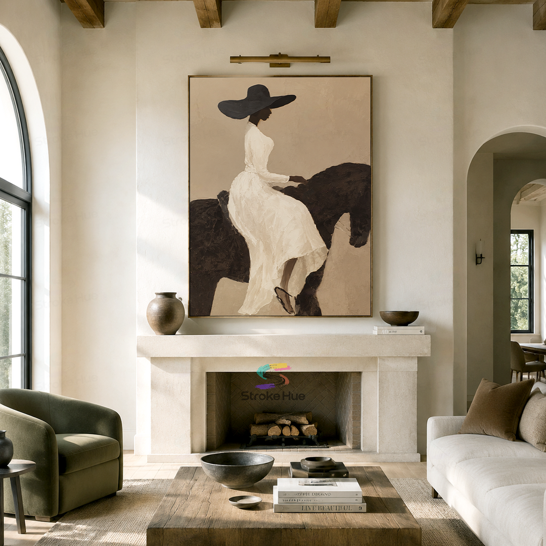 Ivory Veil Muse-Black Horse Painting
