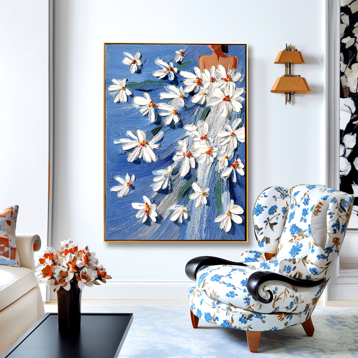 Blue Daisy Muse-Textured Figurative Painting