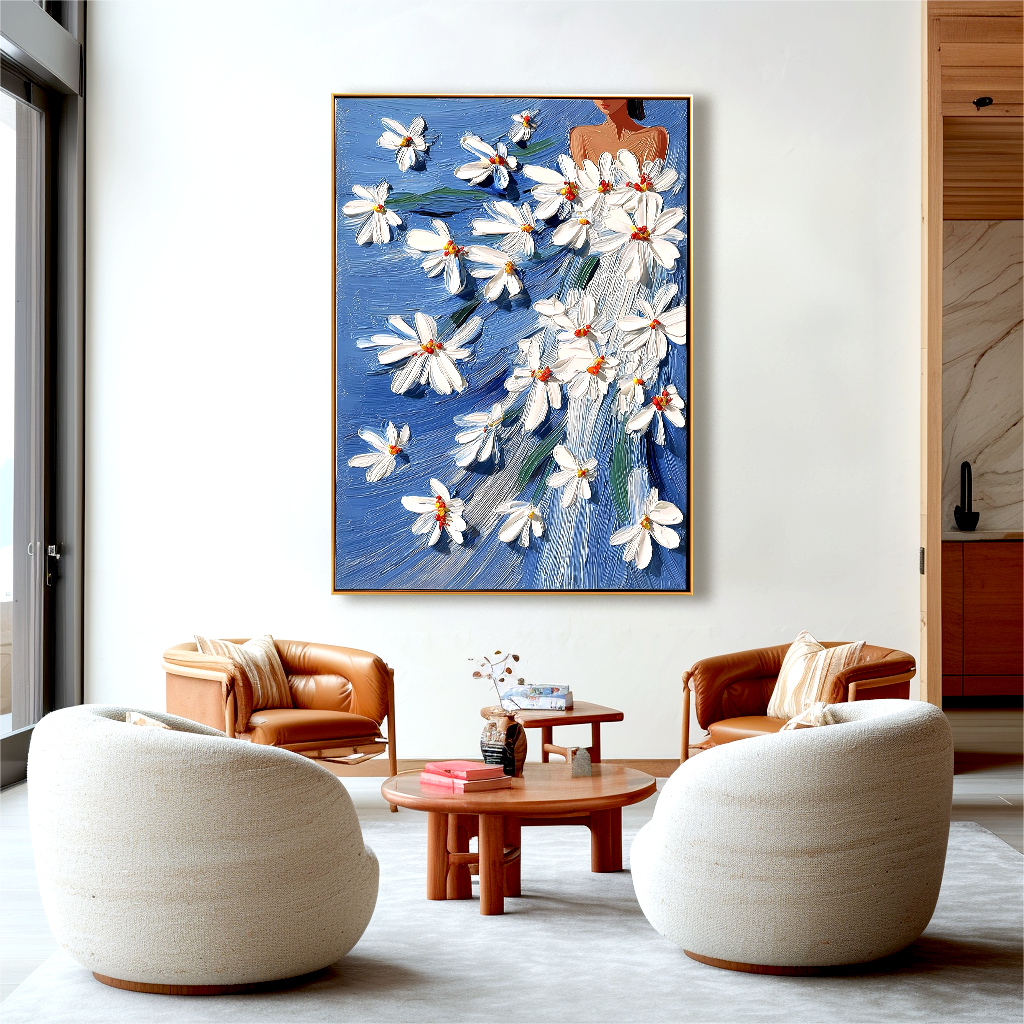 Blue Daisy Muse-Textured Figurative Painting