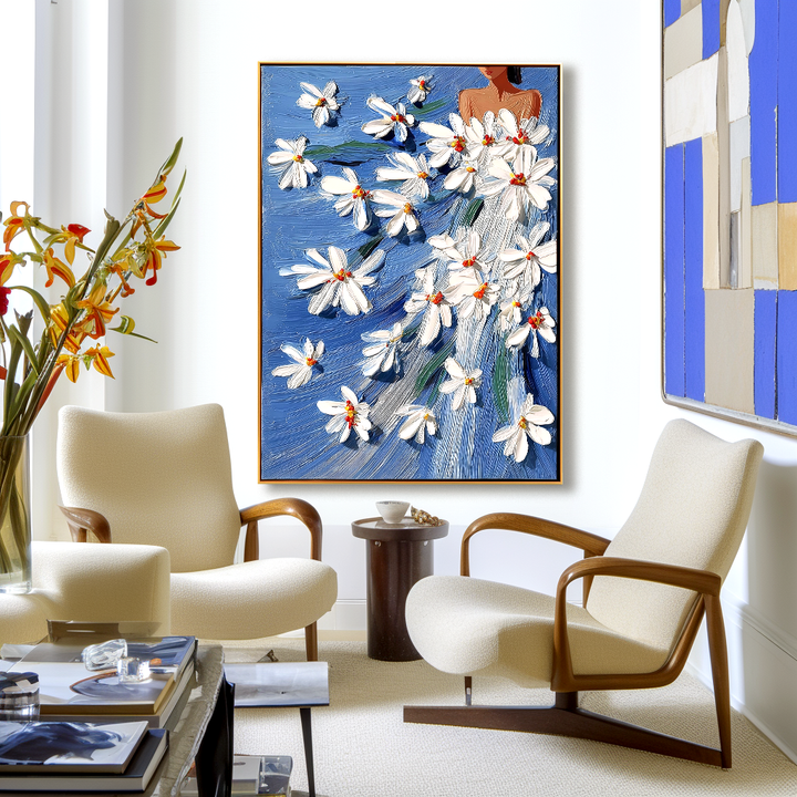 Blue Daisy Muse-Textured Figurative Painting