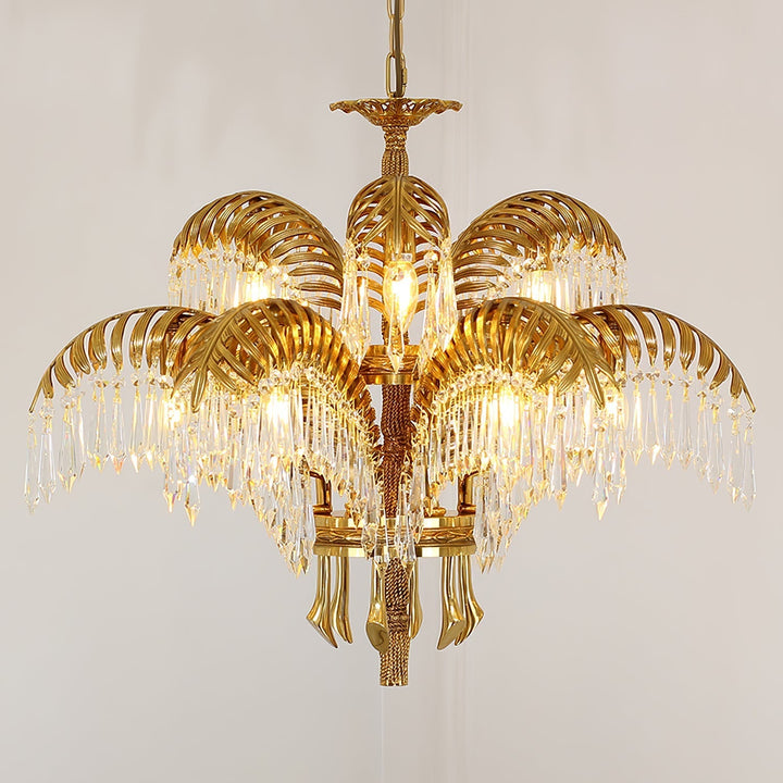 Brass Palm Leaf Crystal Chandelier