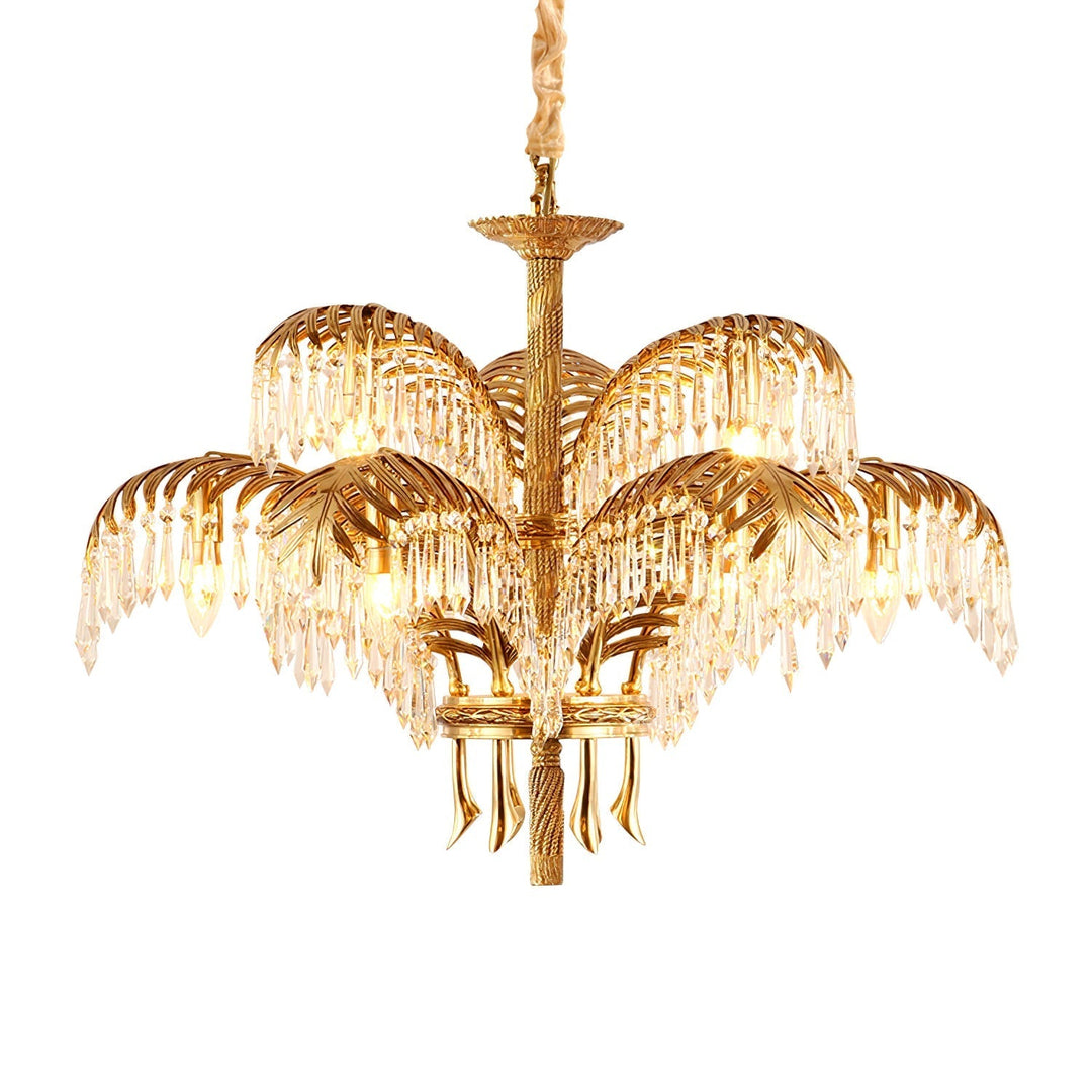 Brass Palm Leaf Crystal Chandelier